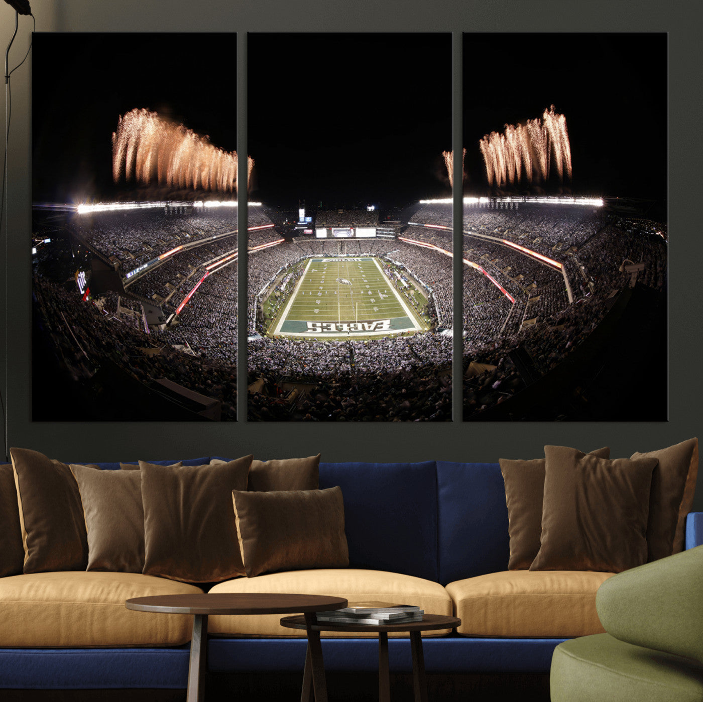 48893-MGV-CV-36X24-Eagles Field Stadium Wall Art - Lincoln Financial Field Fireworks Game Triple Canvas Wall Art -