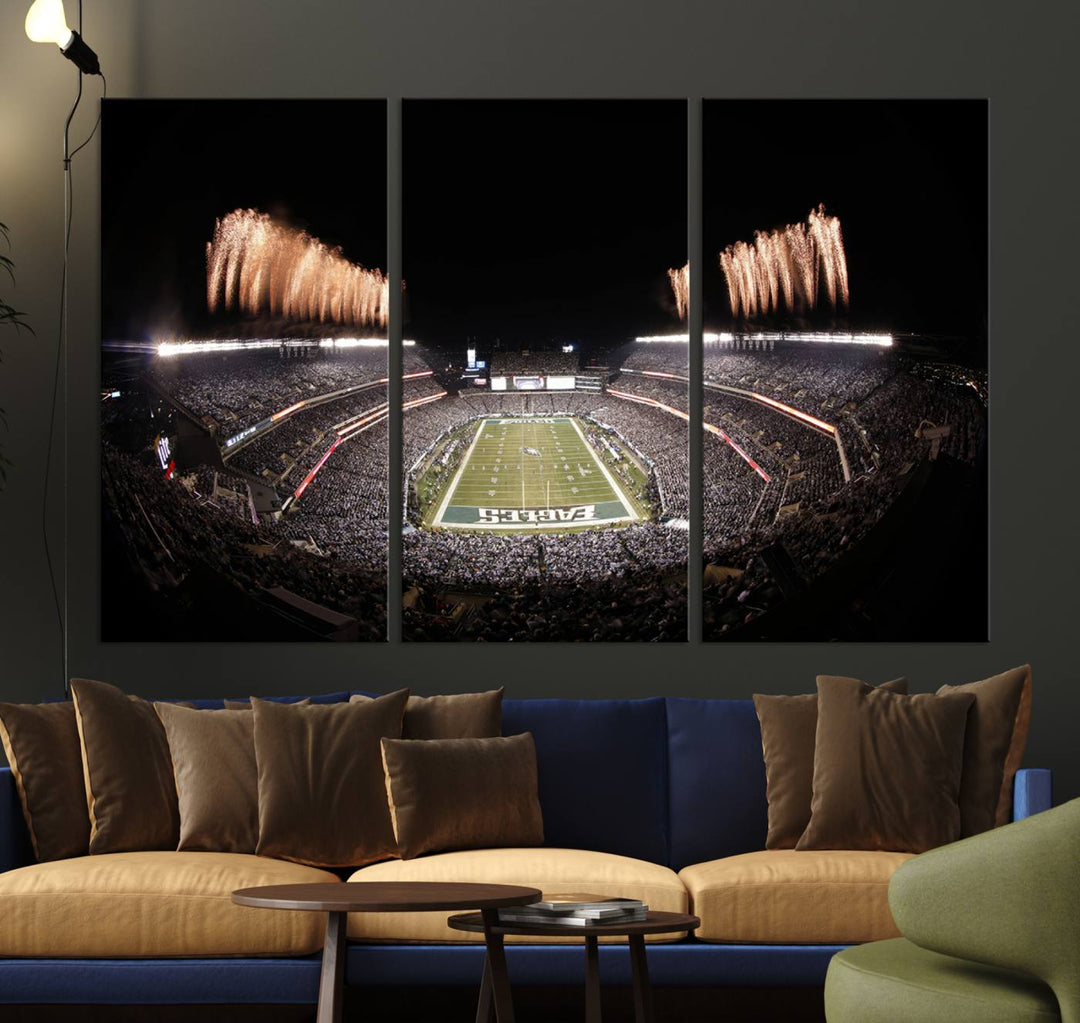 Experience the breathtaking Lincoln Financial Field Fireworks Game captured in this triple canvas wall art. A must-have for any Philadelphia Eagles fan!