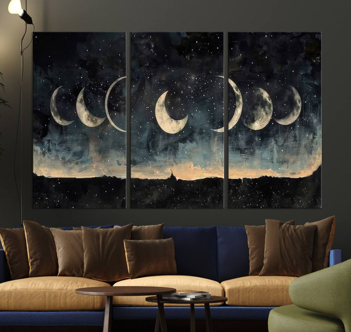 The "Phases of the Moon Wall Art," a framed canvas series capturing the celestial beauty of lunar cycles against a starry night, adds an elegant touch to the contemporary dining room.