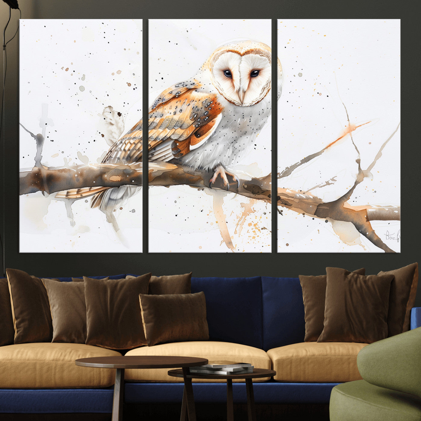 MGV-CV-48X32-3P - Barn Owl Wall Art on Branch | Stunning Canvas Print for Nature Lovers | Ready to Hang and Framed