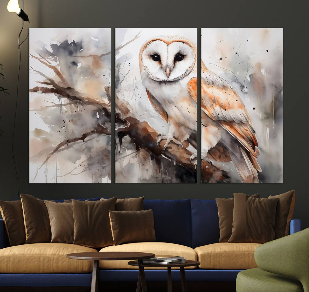 The Barn Owl Wall Art, a watercolor canvas print, elegantly adorns the wall in a modern living room, seamlessly merging farmhouse wall decor with contemporary style.