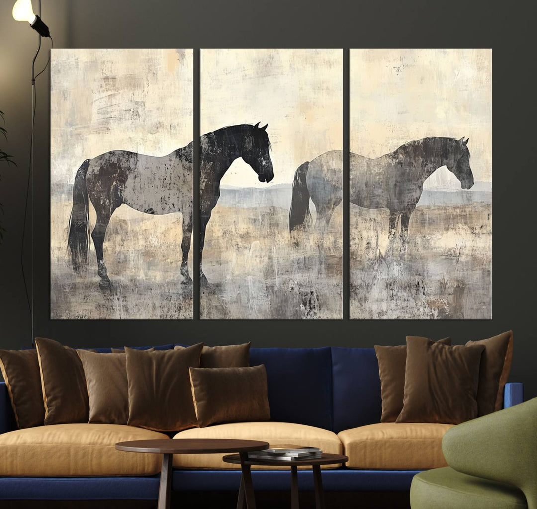 The Vintage Horses Wall Art Canvas Print, a triptych of two horses on a textured background, is produced in high-resolution on museum-quality canvas.