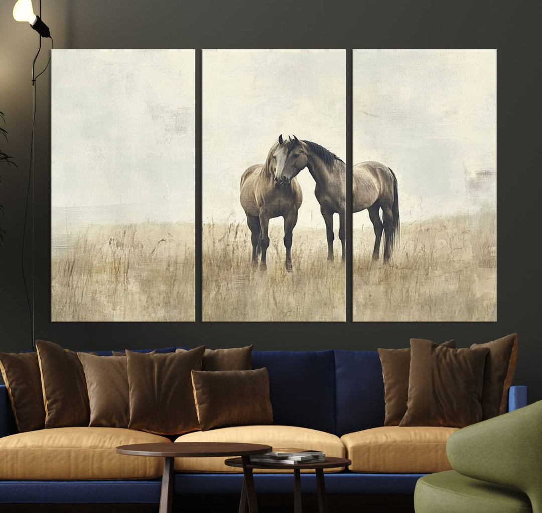 The Chinese Style Grunge Horses Wall Art Canvas Print, featuring a three-panel design of two horses in a misty field, is crafted on museum-quality canvas using high-resolution printing and hangs elegantly.