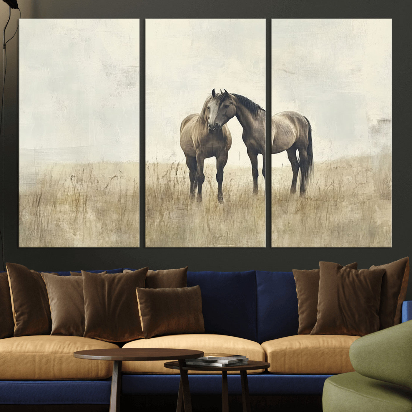 MGV-CV-48X32-3P - Chines Style Grunge Horses Wall Art Canvas Print