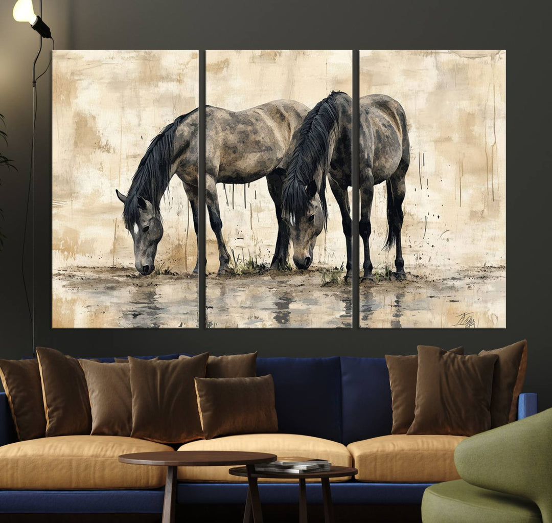 Chines Ink Style Black Horses Wall Art Canvas Print features a triptych painting of two horses drinking at the water's edge.