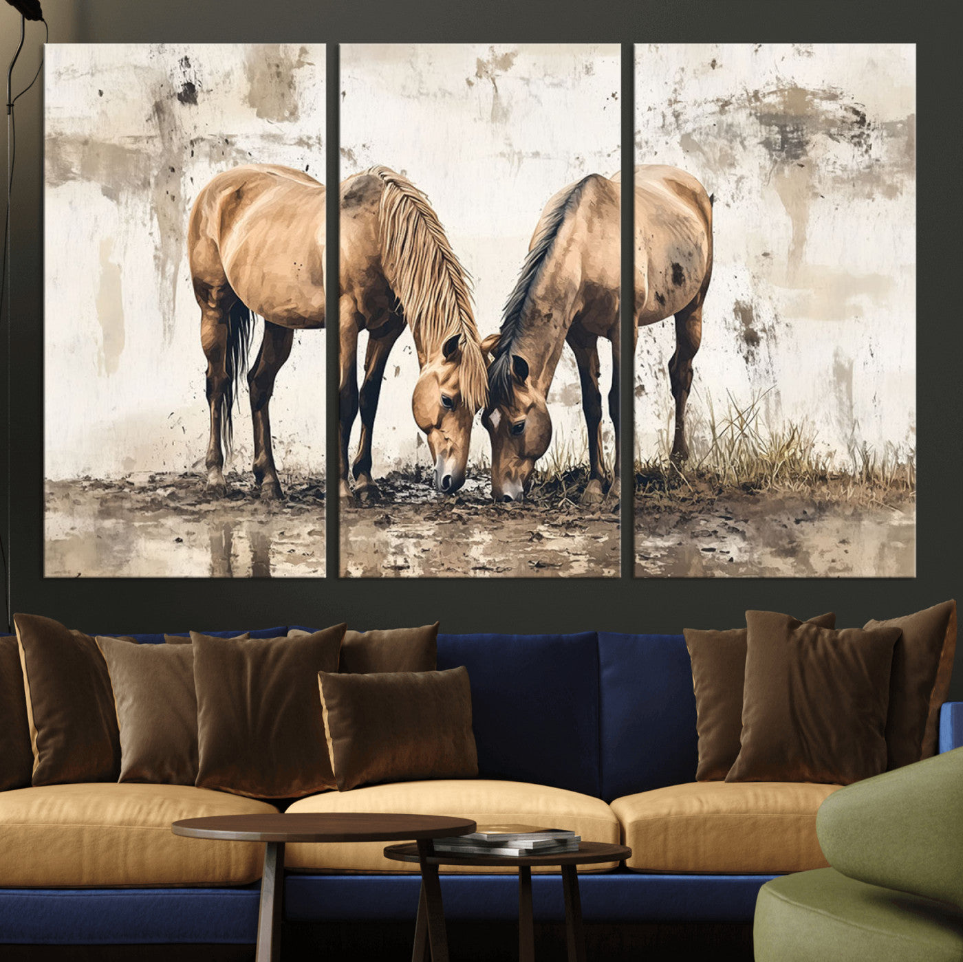 44742-MGV-CV-36X24-Vintage Horses Wall Art | Ready to Hang and Framed Triptych | Western Farmhouse Wall Decor for
