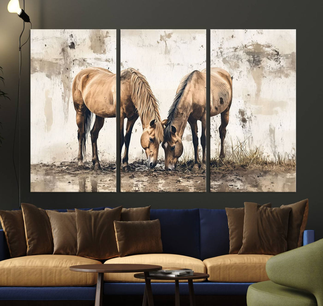 The Vintage Horses Wall Art, a ready-to-hang and framed triptych, beautifully captures two horses gracefully grazing. It perfectly complements the rustic charm of western farmhouse wall decor.