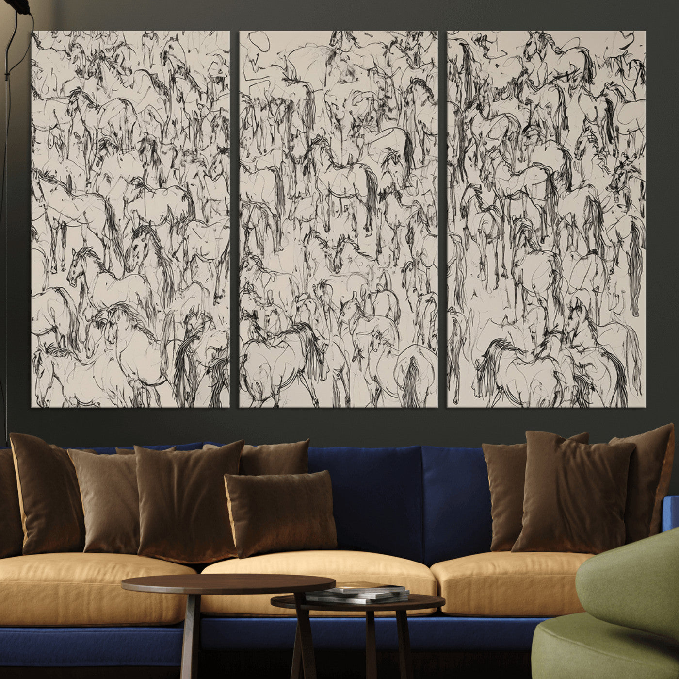 MGV-CV-48X32-3P - Abstract Horse Sketch Wall Art | Ready to Hang and Framed | Farmhouse Wall Decor for Living Room or