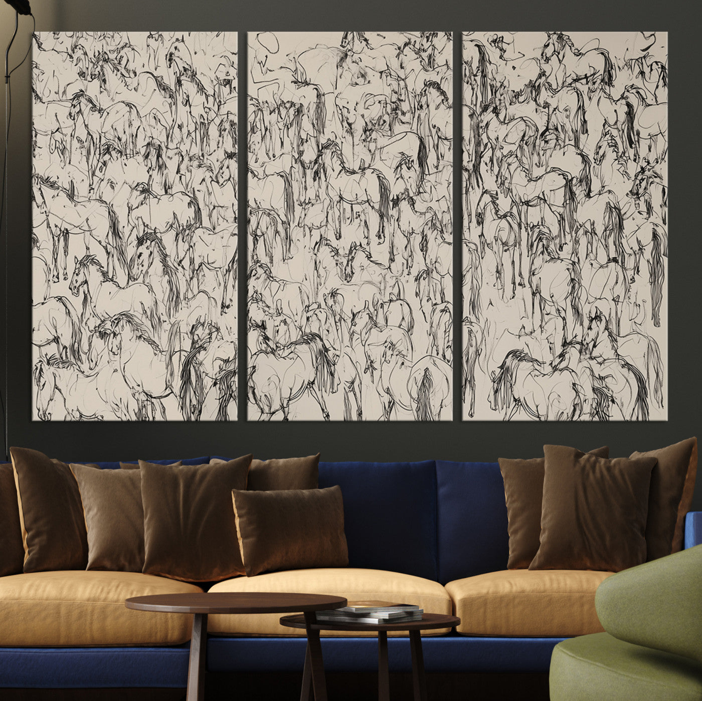 MGV-CV-48X32-3P - Abstract Horse Sketch Wall Art | Ready to Hang and Framed | Farmhouse Wall Decor for Living Room or