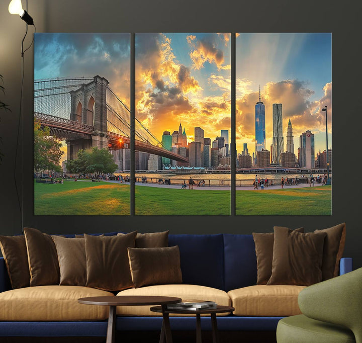 The "Brooklyn Bridge New York Skyline Wall Art" is a ready-to-hang framed canvas print that beautifully captures the cityscape at sunset, showcasing the iconic Brooklyn Bridge and majestic skyscrapers.