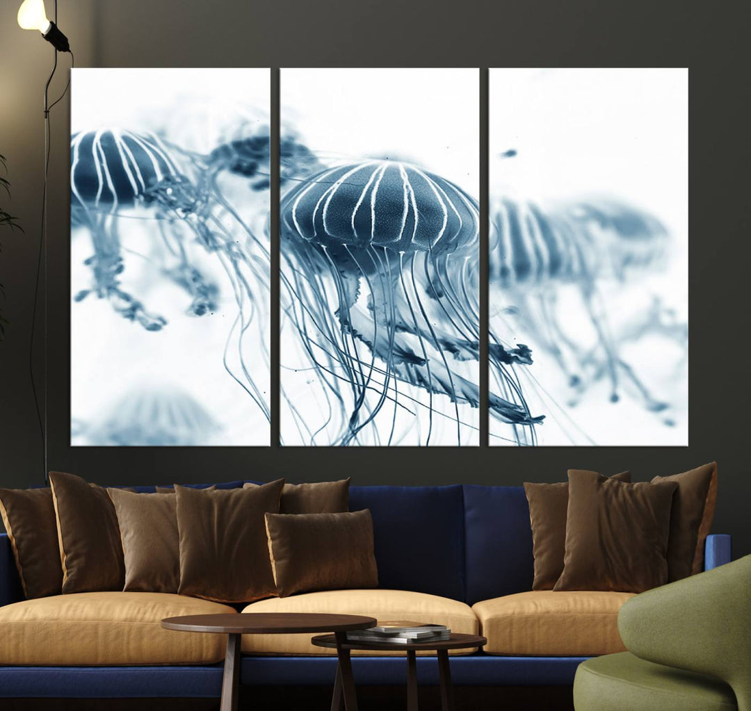 The Abstract Jellyfish Wall Art Canvas Print, a three-panel piece featuring high-resolution printing, hangs elegantly in the room, adding vibrant detail to the space.