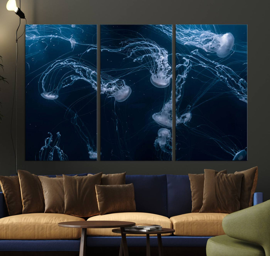 Room with modern decor, featuring the Abstract Jellyfish in Ocean Wall Art Canvas Print on museum-quality canvas.