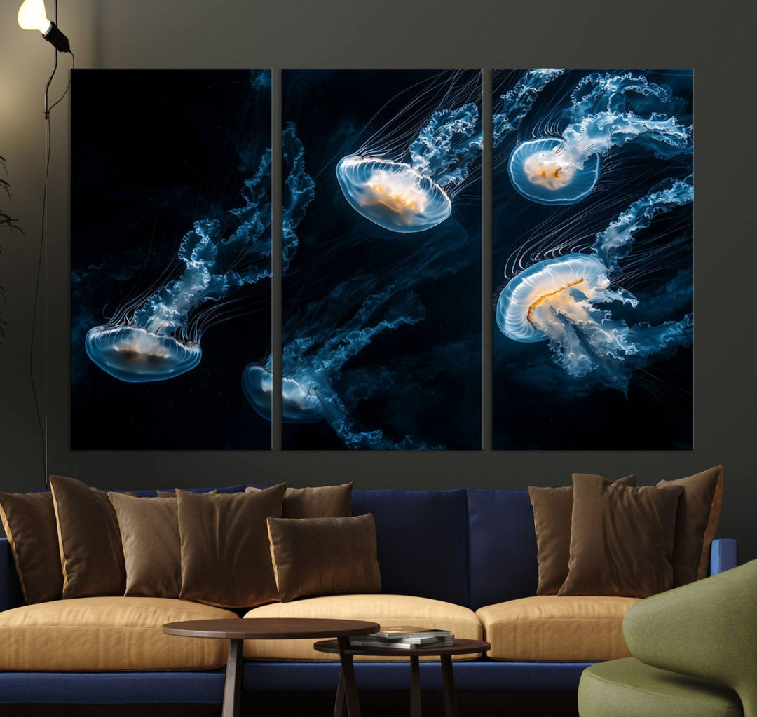 The "Jellyfish Wall Art Canvas Print," featuring a sea-themed design of glowing jellyfish, is displayed in high-resolution on museum-quality canvas.