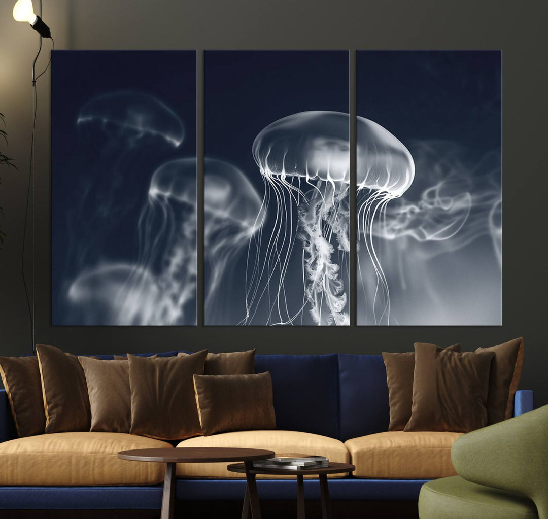 A stunning Jellyfish Wall Art Canvas Print showcases museum-quality canvas through high-resolution printing.