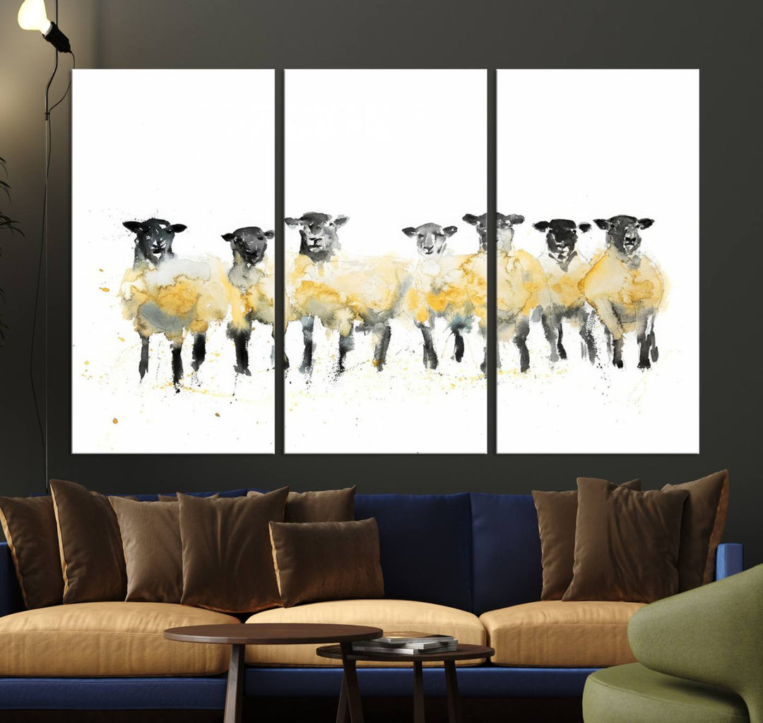 The Farmhouse Wall Art Sheep Print, ready to hang as a framed canvas, adorns the black wall, adding a hint of rustic barn decor.