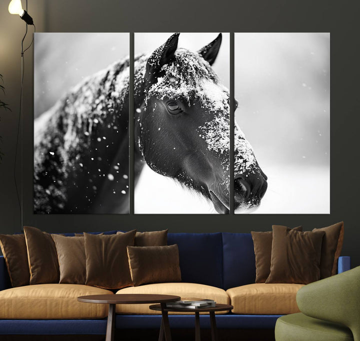 A set of Winter Horse Snow Wall Art Canvas Prints hangs, creating the perfect touch of Rustic Cabin Decor.