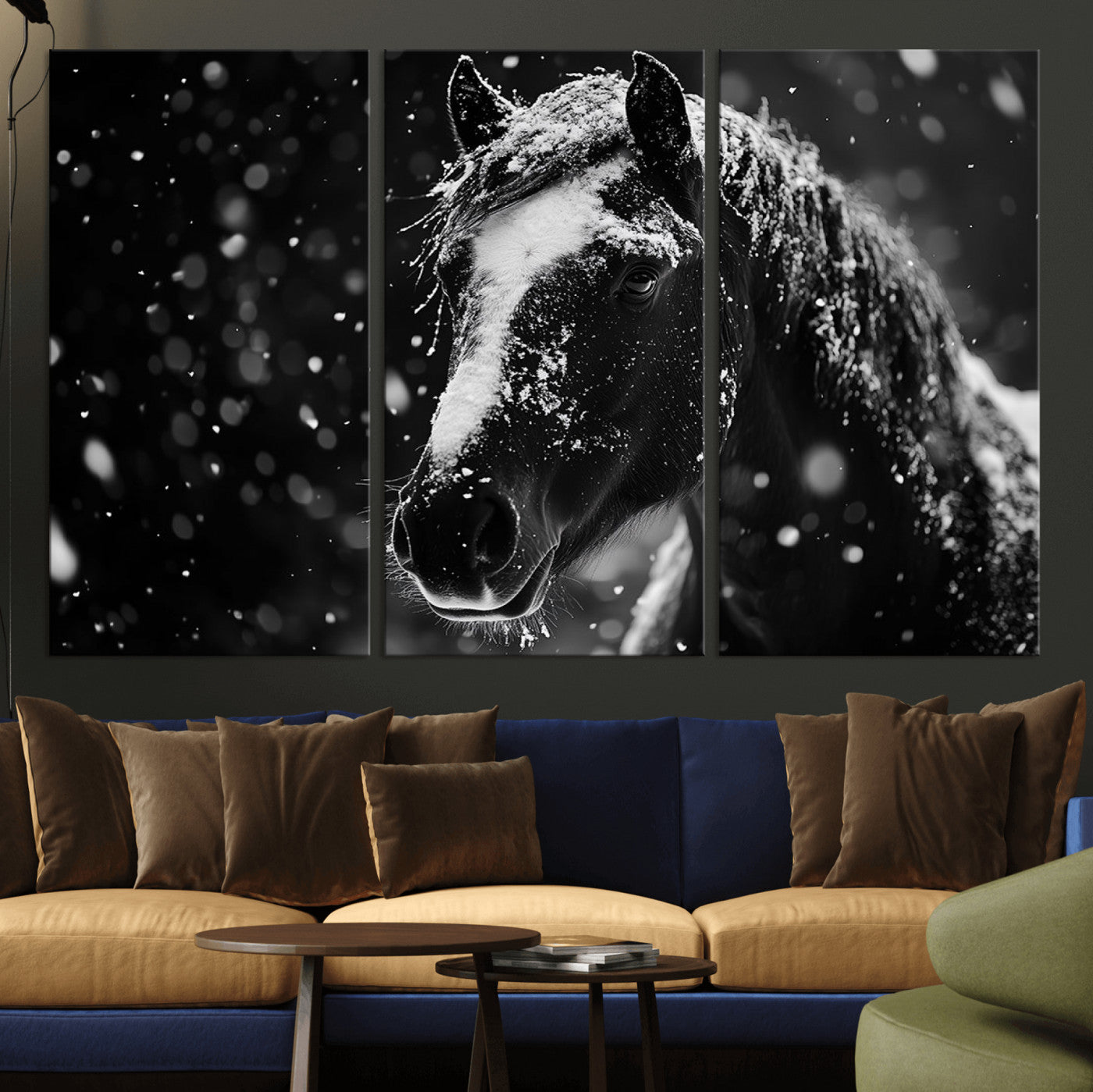 MGV-CV-48X32-3P - Winter Horse Wall Art | Black and White Horse Print | Ready to Hang and Framed | Farmhouse Wall Art