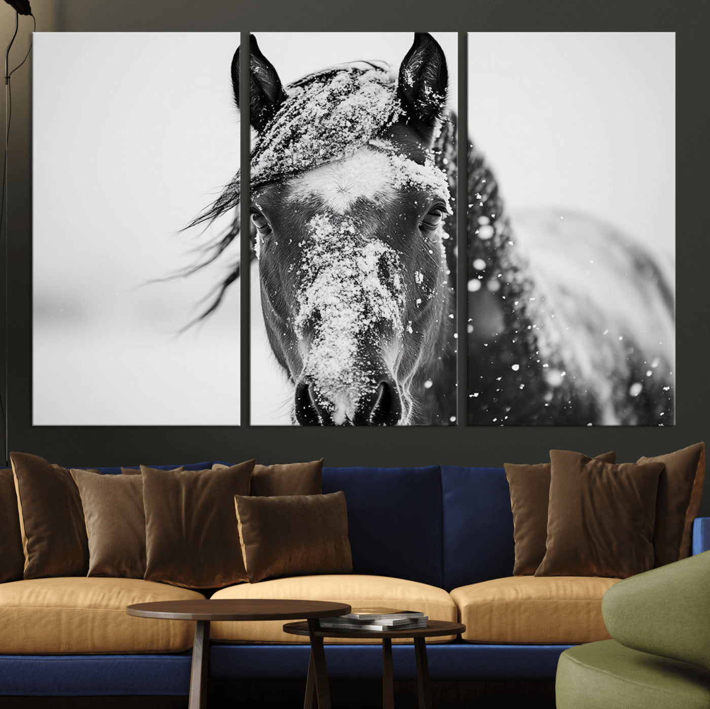 MGV-CV-48X32-3P - Western Wall Art | Black and White Winter Horse Wall Art | Ready to Hang and Framed | Farmhouse and