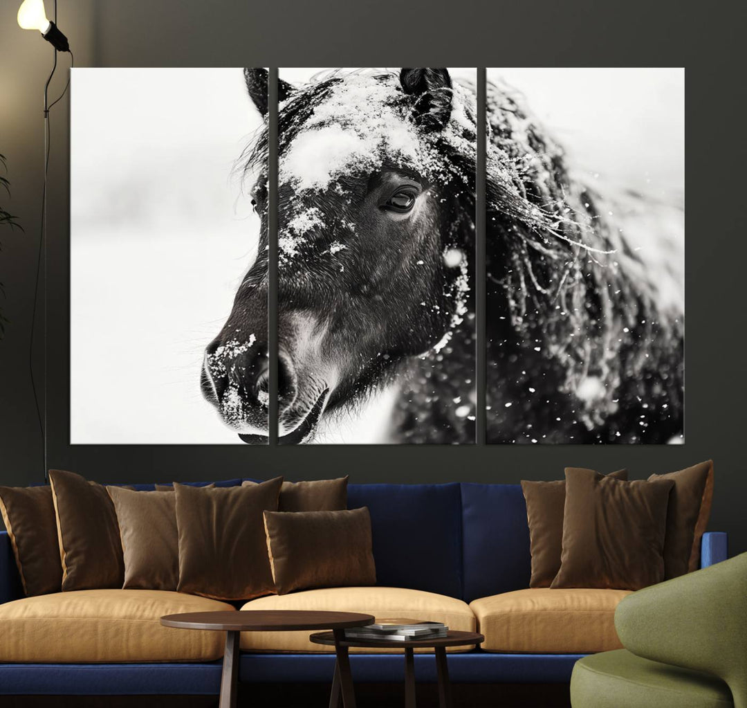 The wall art is a Black and White Horse piece, framed and ready to hang.