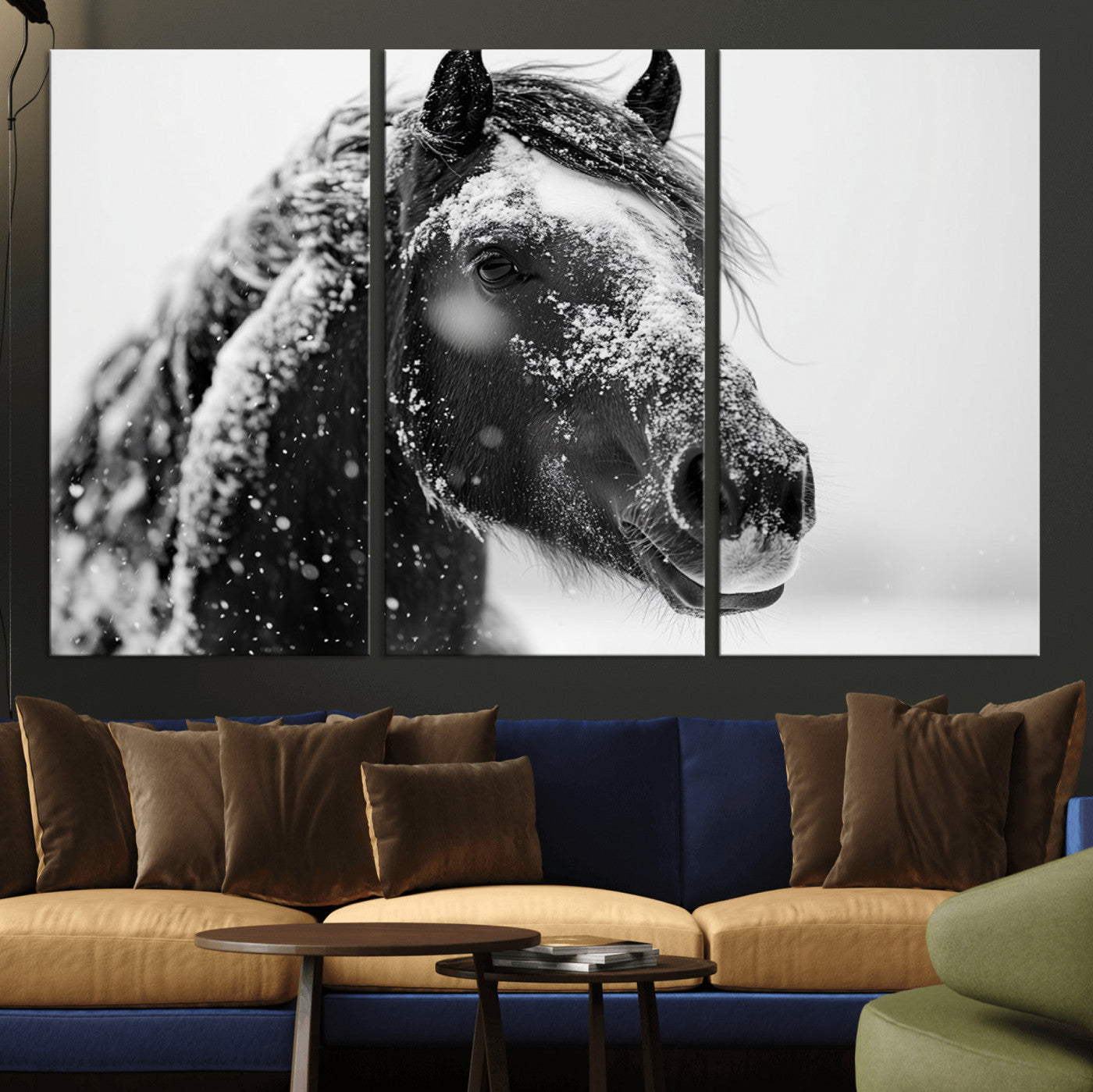 MGV-CV-48X32-3P - Winter Horse Canvas Print | Large 3-Panel Black White Equine Photography for Rustic Farmhouse Wall