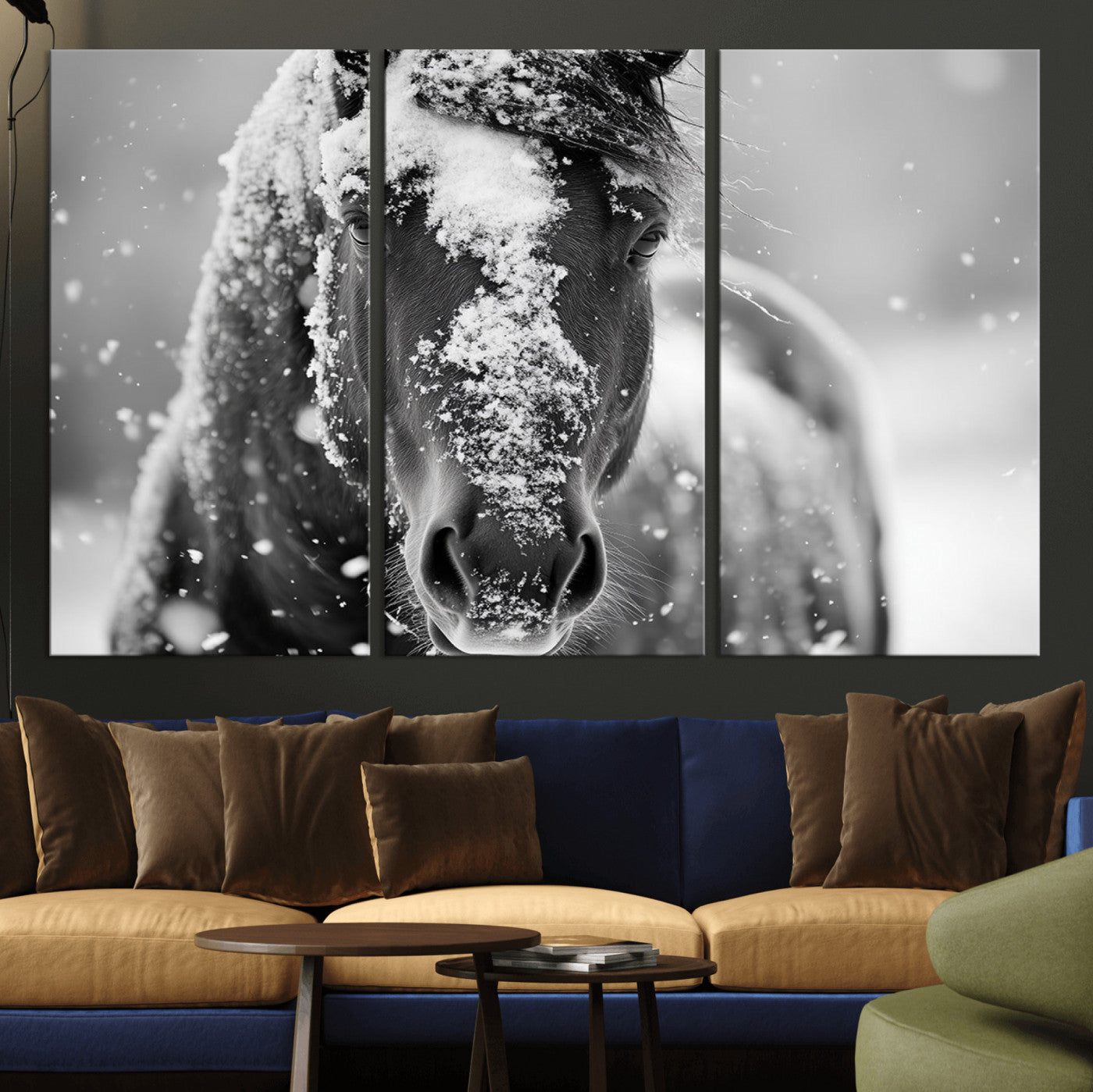 MGV-CV-48X32-3P - Black and White Horse Winter Wall Art | Ready to Hang and Framed | Farmhouse Wall Decor | Western