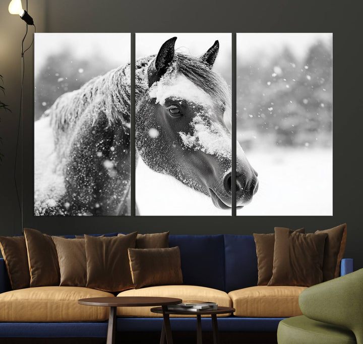 The Black Horse Winter Wall Art, framed and ready to hang, is beautifully displayed as farmhouse and western wall decor.