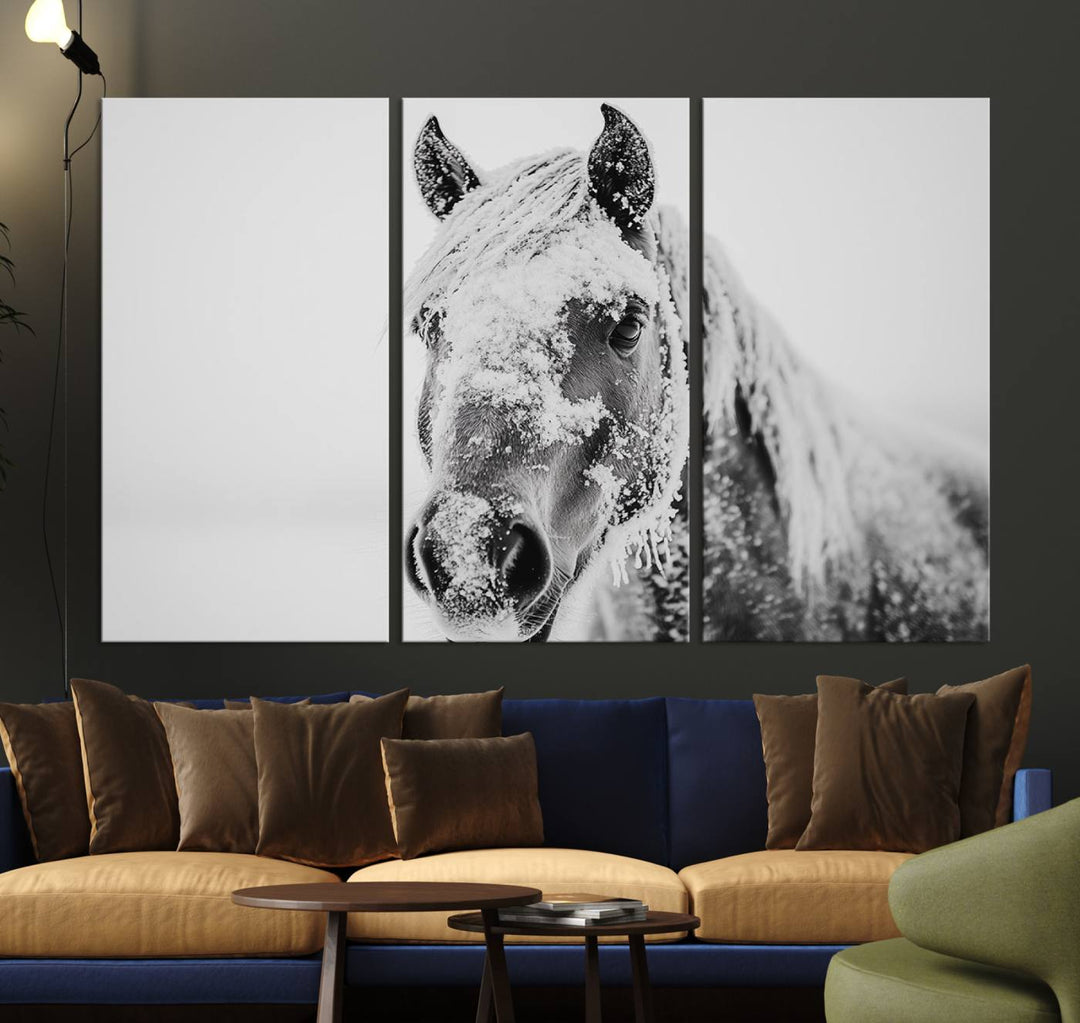 White Horse Wall Art: A captivating black and white triptych of a snow-covered horse, epitomizing timeless beauty, framed for elegant display, perfect for farmhouse and western wall decor.