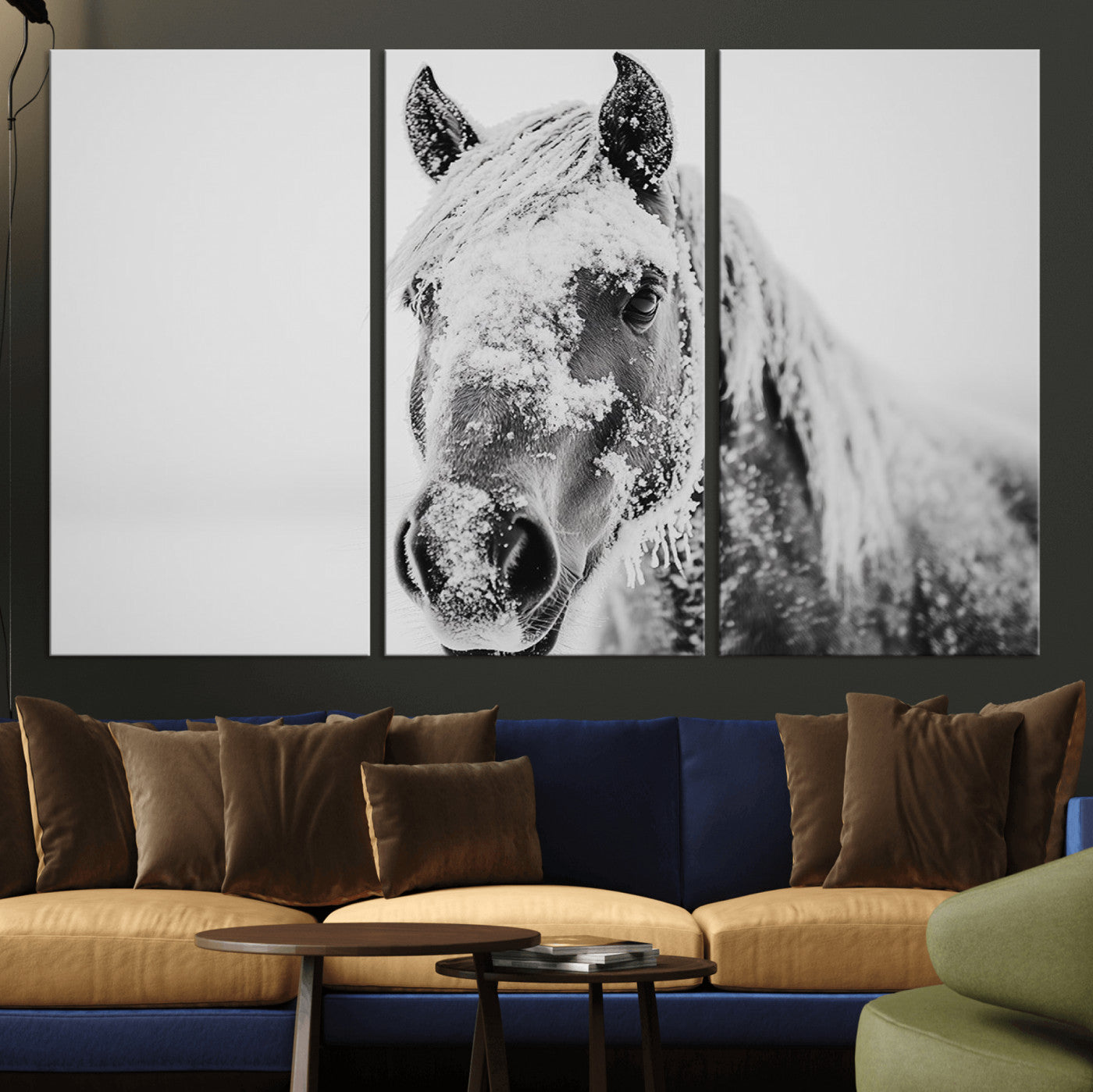 MGV-CV-48X32-3P - White Horse Wall Art | Ready to Hang and Framed | Winter Horse Wall Art Print for Farmhouse and