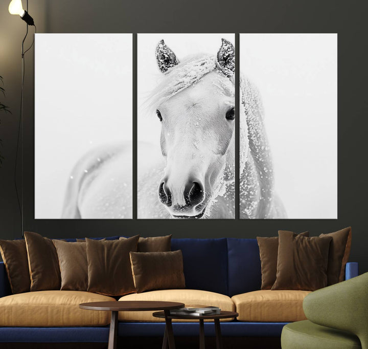 The dining room features the Majestic White Horse Wall Art, adding to its rustic charm.