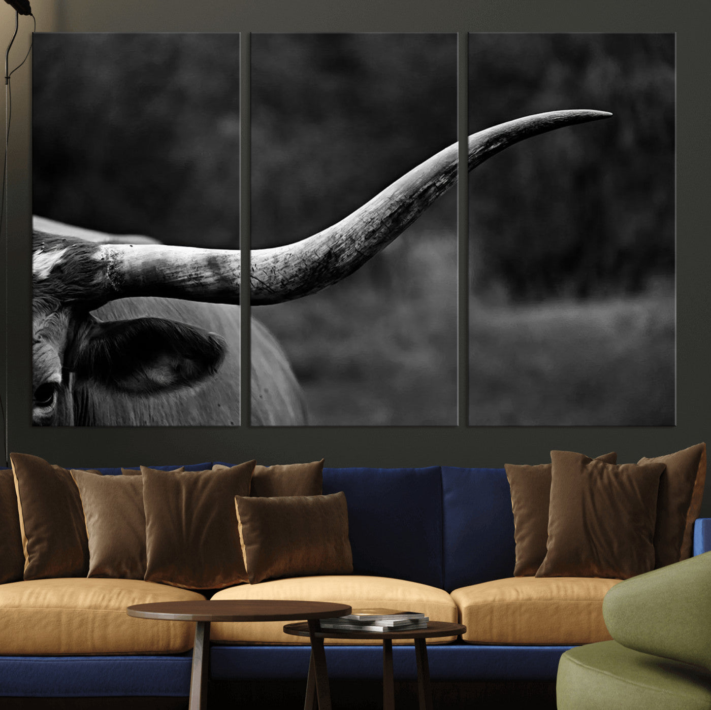 MGV-CV-48X32-3P - Cow Longhorn Wall Art | Black and White Print | Ready to Hang and Framed | Farmhouse Wall Decor |