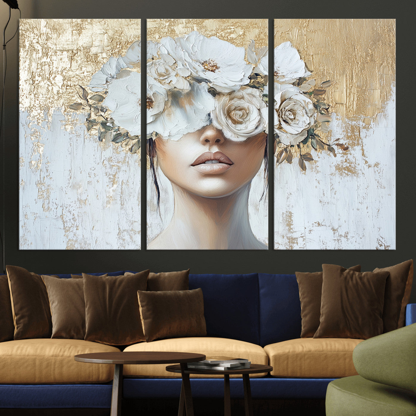 MGV-CV-48X32-3P - Golden Petal Wall Art - Canvas Print Flower Head Woman Painting Floral Woman Portrait Wall Decor,
