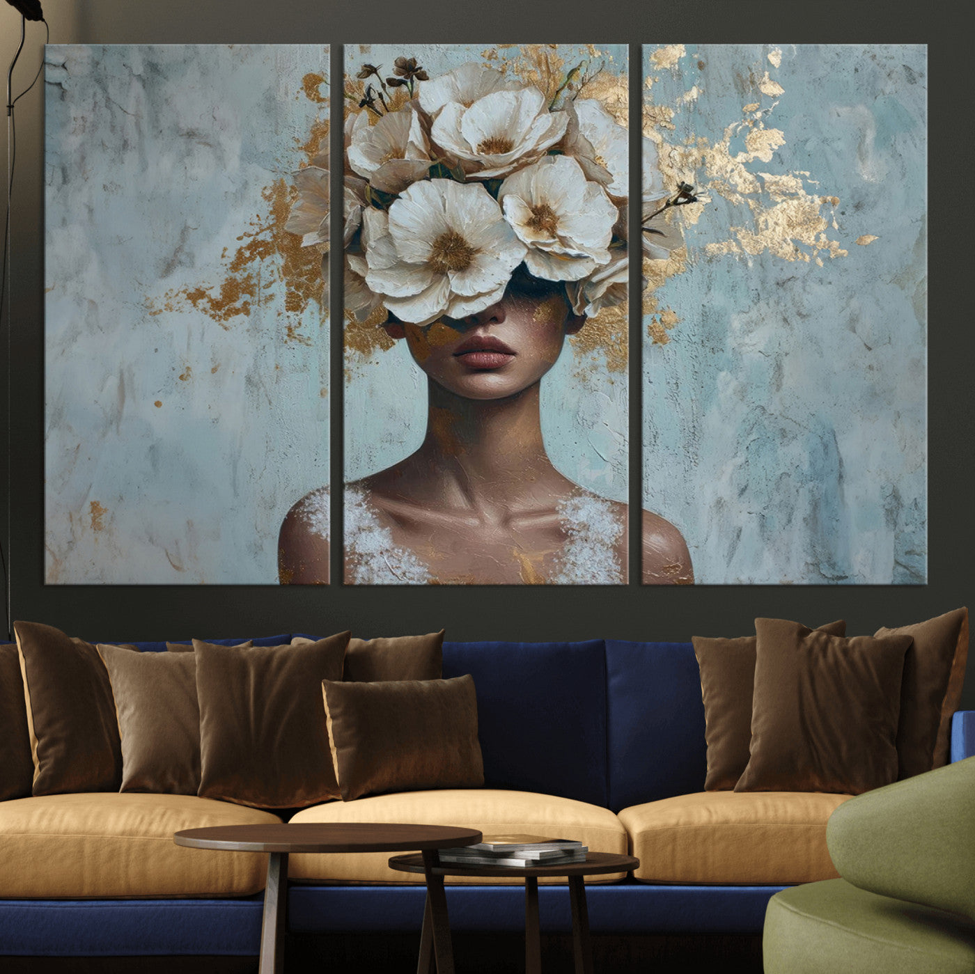 MGV-CV-48X32-3P - Golden Petal Wall Art - Petal Silhouette Woman Wall Art Canvas Print | Large 3-Panel Canvas with