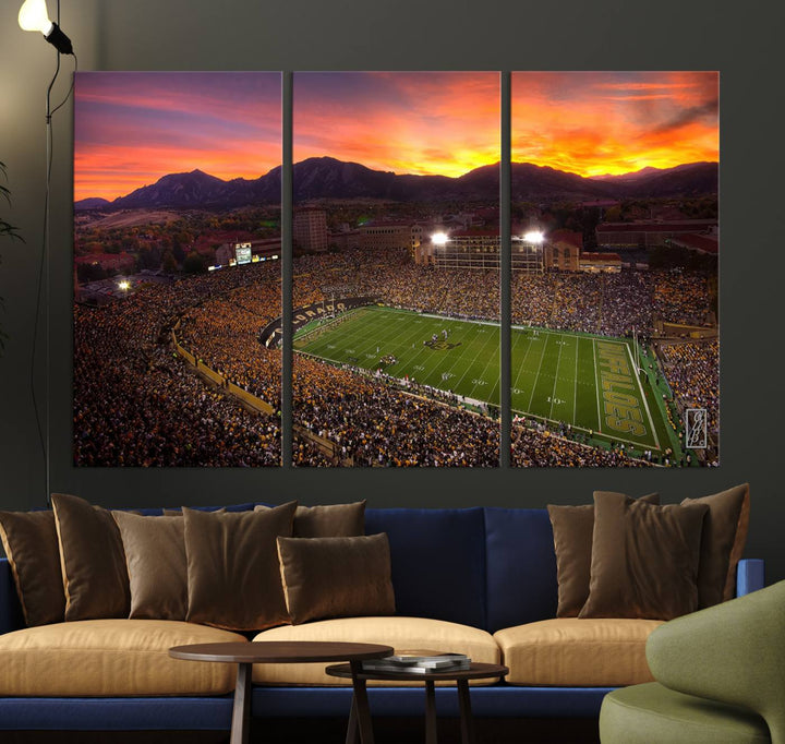 The living room showcases a lively wall art canvas print titled "Folsom Field - University of Colorado Buffaloes Football Stadium," capturing the essence of the University of Colorado.