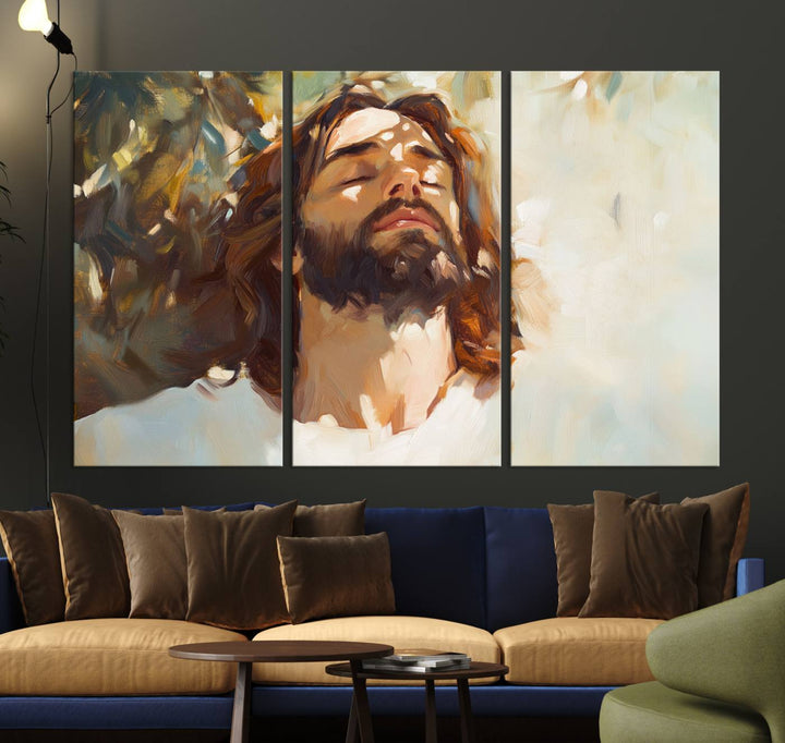 The Jesus Portrait Wall Art Canvas Print features a depiction of Jesus Christ with closed eyes, basking in sunlight. His expression exudes a peaceful, spiritual atmosphere against a blurred background.