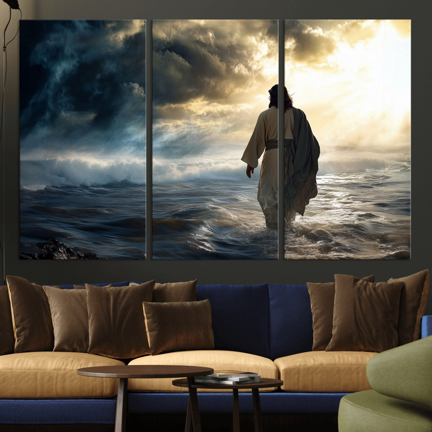76524-MGV-CV-36X24-Jesus Walking Water Wall Art – Inspirational Christian Canvas Print, Faith Based Spiritual Artwork for Living Room, Prayer Space, or Church Decor