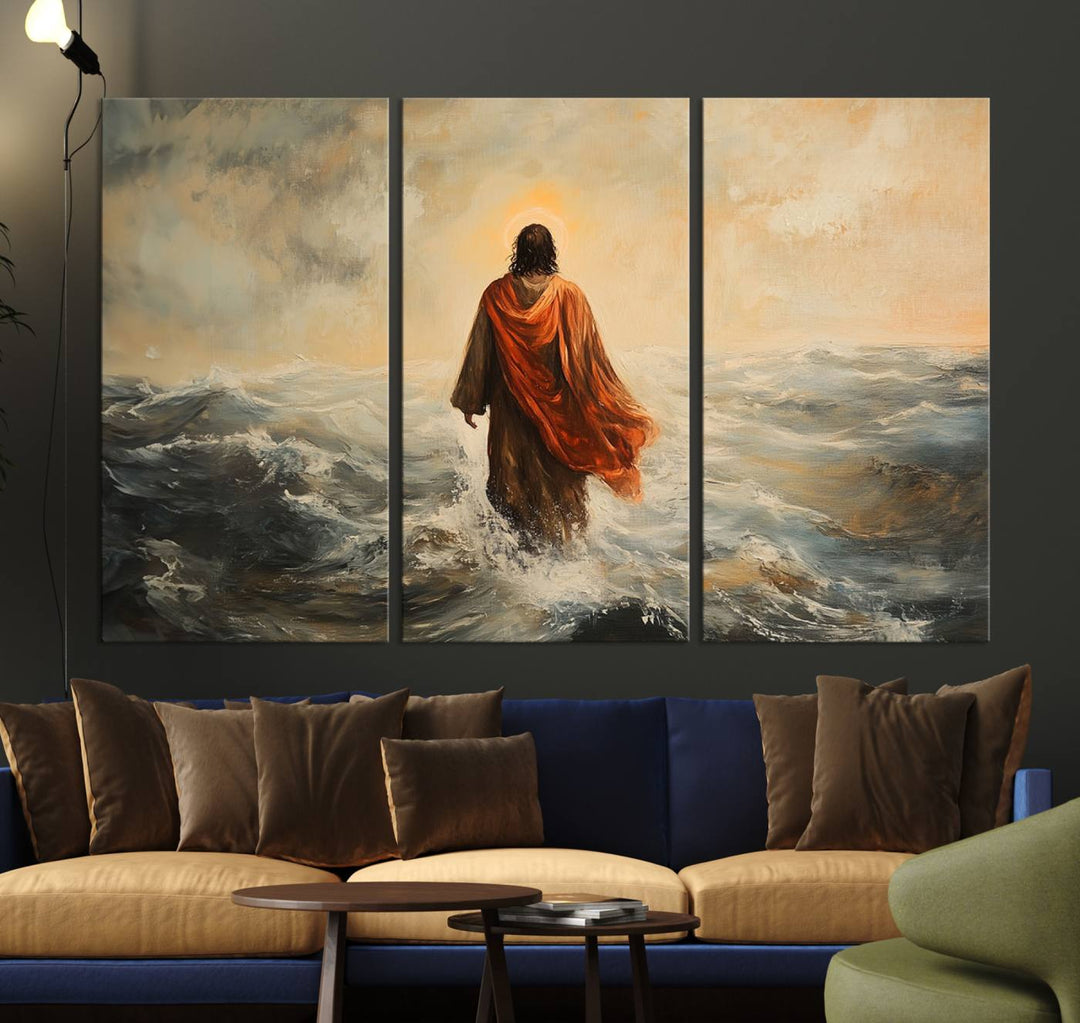 This triptych wall art, titled "Jesus Walking on Water," presents a figure in a red cloak crossing turbulent seas. It is perfect for those looking for religious home decor with a contemporary flair.