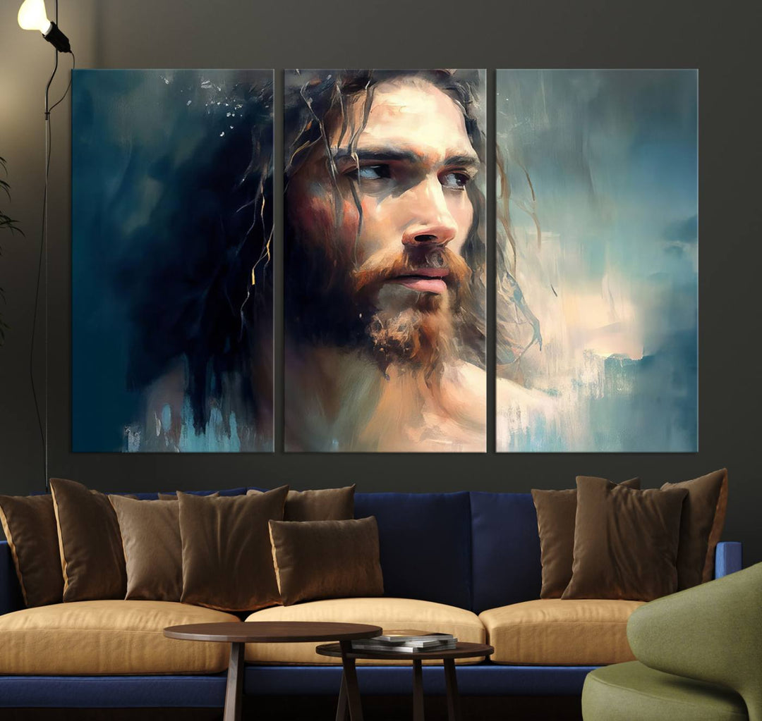 The Jesus Portrait Wall Art Canvas Print, featuring a depiction of a man with long hair and a beard, is showcased on a wooden wall. This Christian Wall Art is rendered on museum-quality canvas, highlighting the mastery of high-resolution printing in an oil painting style.