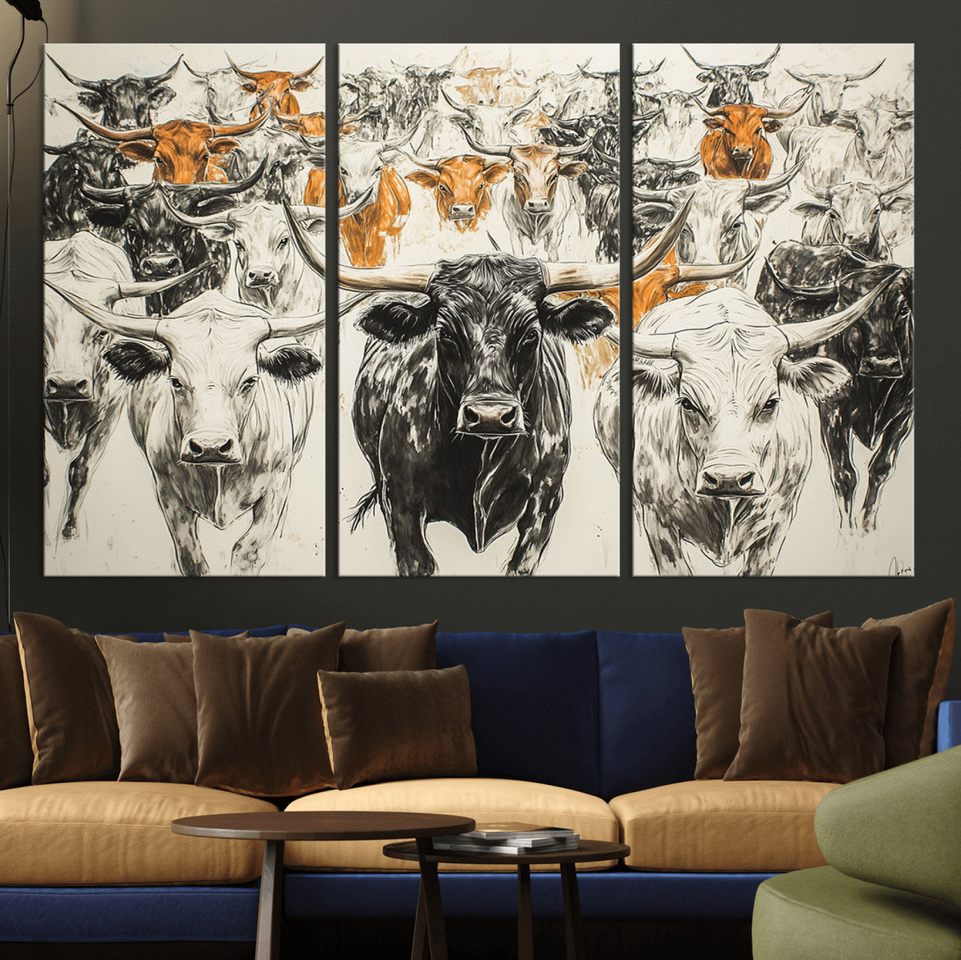 MGV-CV-48X32-3P - Farmhouse Wall Art | Western Longhorn Cattle Canvas Print | Ready to Hang and Framed Barn Decor