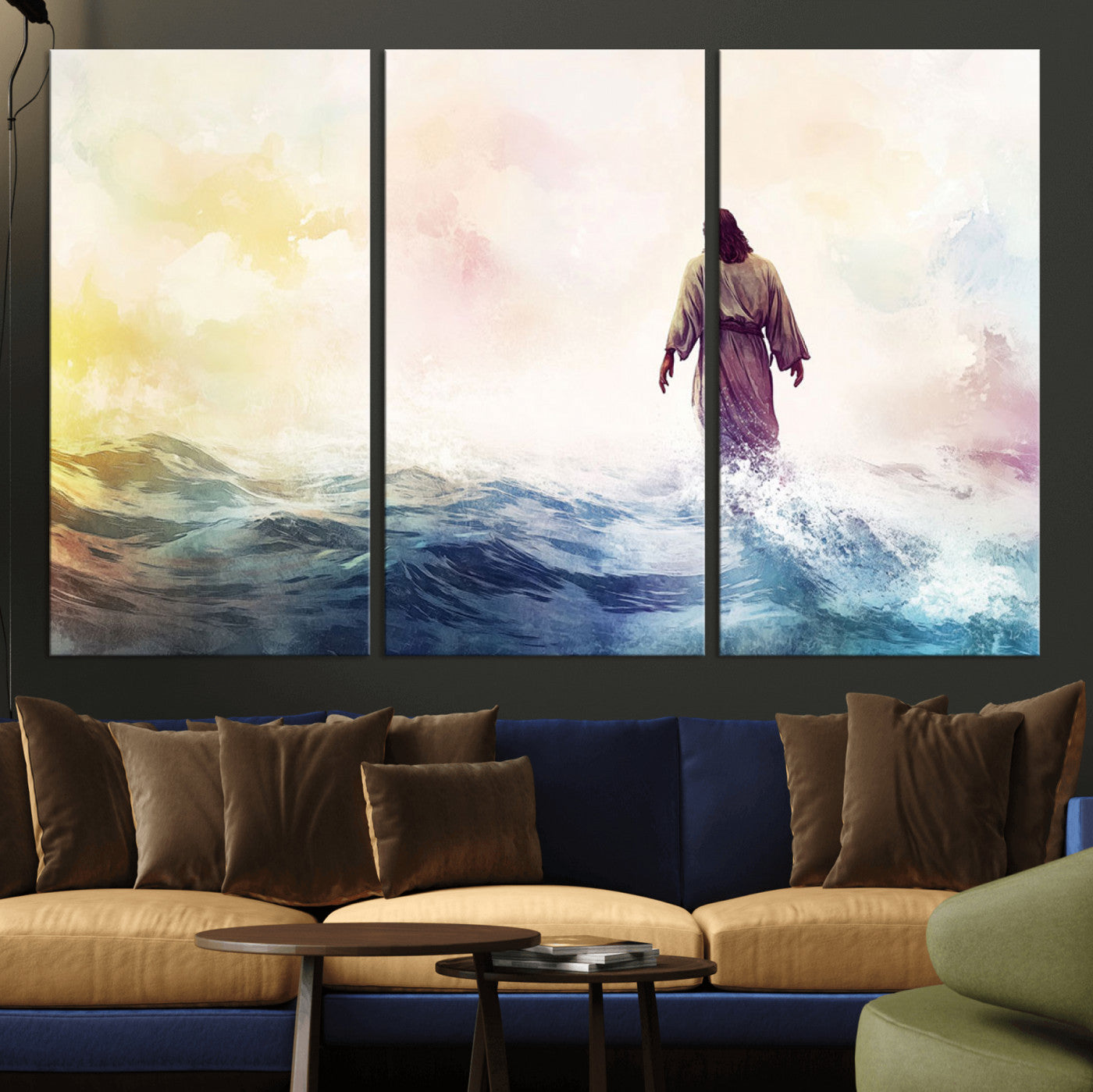 MGV-CV-48X32-3P - Watercolor Jesus Walking on Water Canvas Print, Christian Wall Art, Jesus Christ Walking