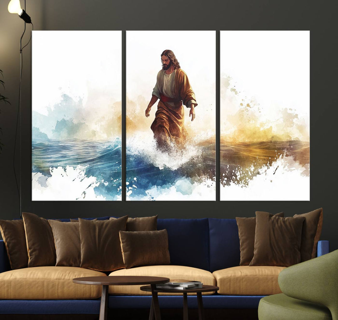 Watercolor Jesus Walking on Water Canvas Print, Christian Wall Art, Jesus Christ Walking