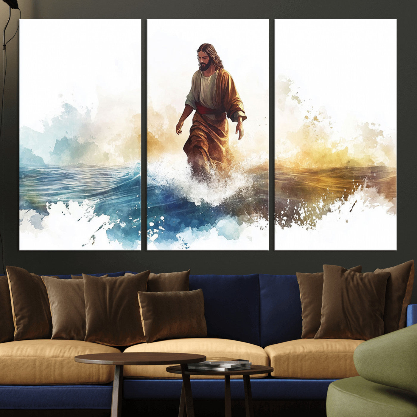 MGV-CV-48X32-3P - Watercolor Jesus Walking Wall Art Print, Jesus Water Canvas Print, Christian Wall Art, Jesus Christ