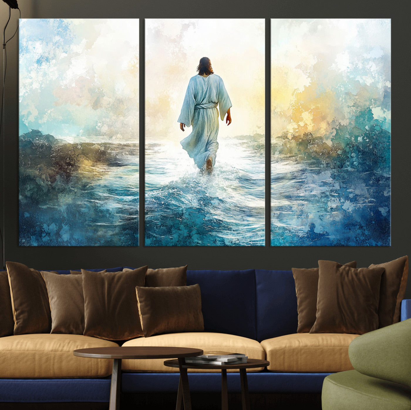 60634-MGV-CV-36X24-Watercolor Jesus Walking on Water Canvas Print, Christian Wall Art, Jesus Christ Walking