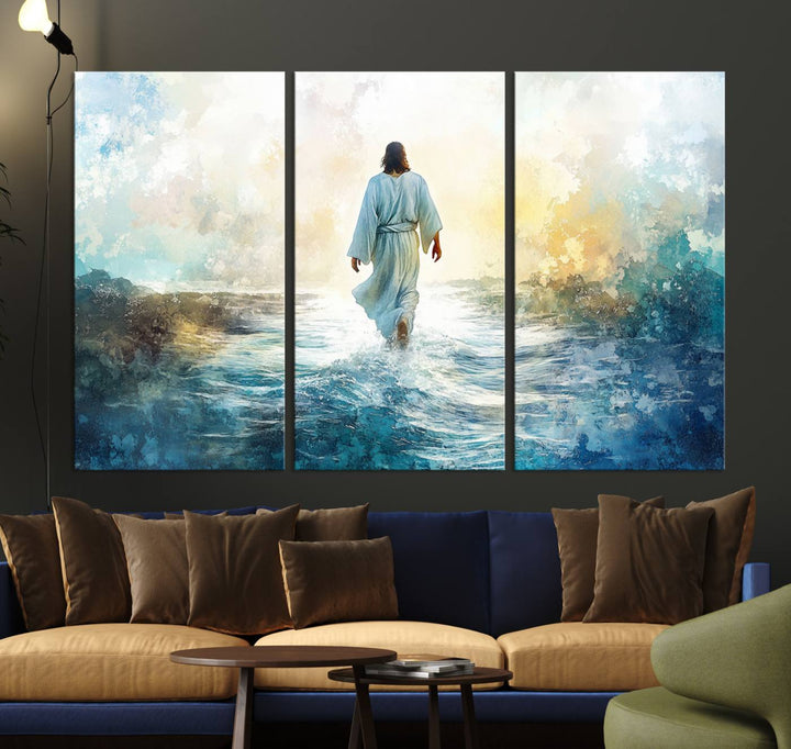 Watercolor Jesus Walking on Water Canvas Print, Christian Wall Art, Jesus Christ Walking