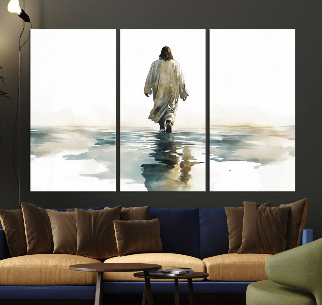 The "Watercolor Jesus Walking on Water Canvas Print" is a breathtaking piece of religious home decor that captures Jesus walking on water in beautiful detail. This Christian wall art hangs gracefully, showcasing its artistic beauty.