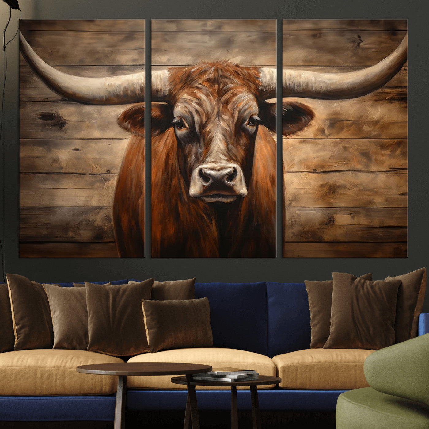 MGV-CV-48X32-3P - Longhorn Bull Wall Art | Canvas Print | Ready to Hang | Rustic Farmhouse Wall Decor | Western Barn