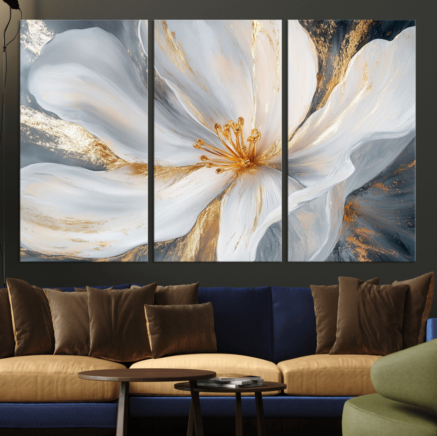 83149-MGV-CV-36X24-White and Gold Floral Canvas Wall Art - Framed and Ready to Hang - Perfect for Modern Living Rooms