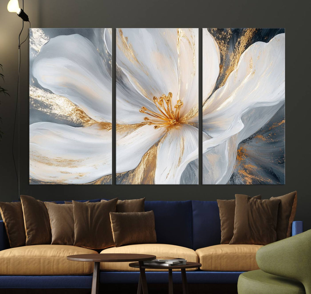 White and Gold Floral Canvas Wall Art - Framed and Ready to Hang - Perfect for Modern Living Rooms