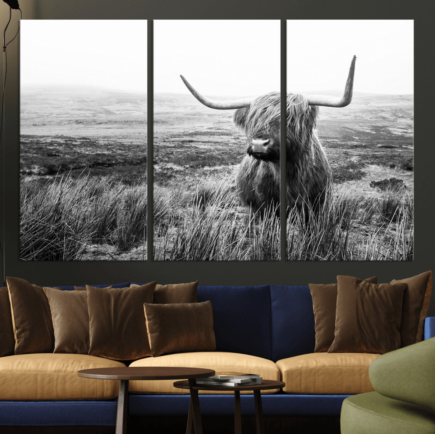 MGV-CV-48X32-3P - Scottish Highland Cow Wall Art | Black and White Canvas Print | Ready to Hang and Framed | Rustic