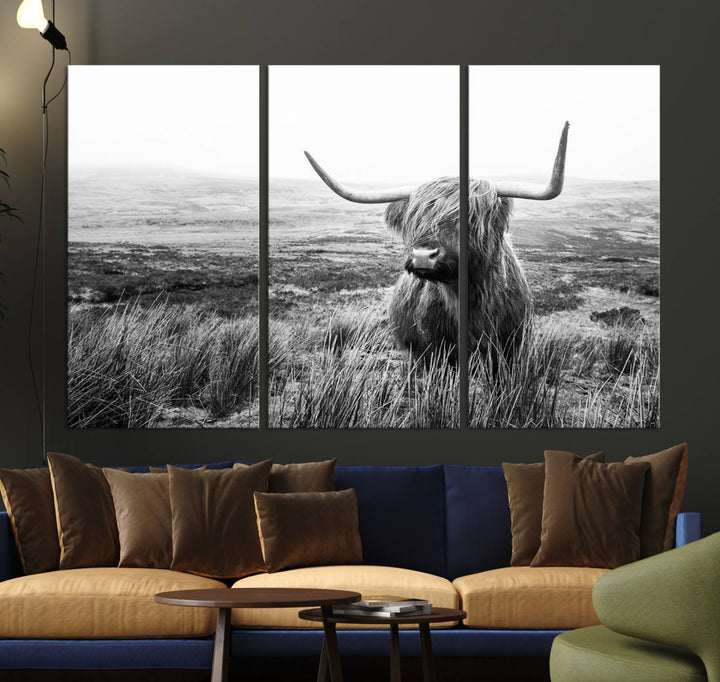 Scottish Highland Cow Wall Art | Black and White Canvas Print | Ready to Hang and Framed | Rustic Farmhouse Wall Decor for Living Room or Office