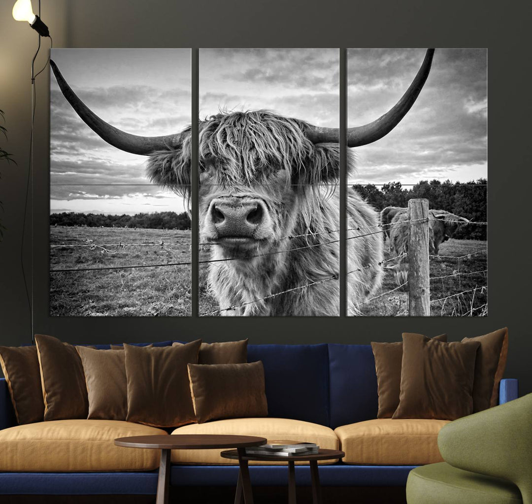 Scottish Highland Cow Wall Art Canvas Print | Ready to Hang and Framed | Rustic Farmhouse Decor